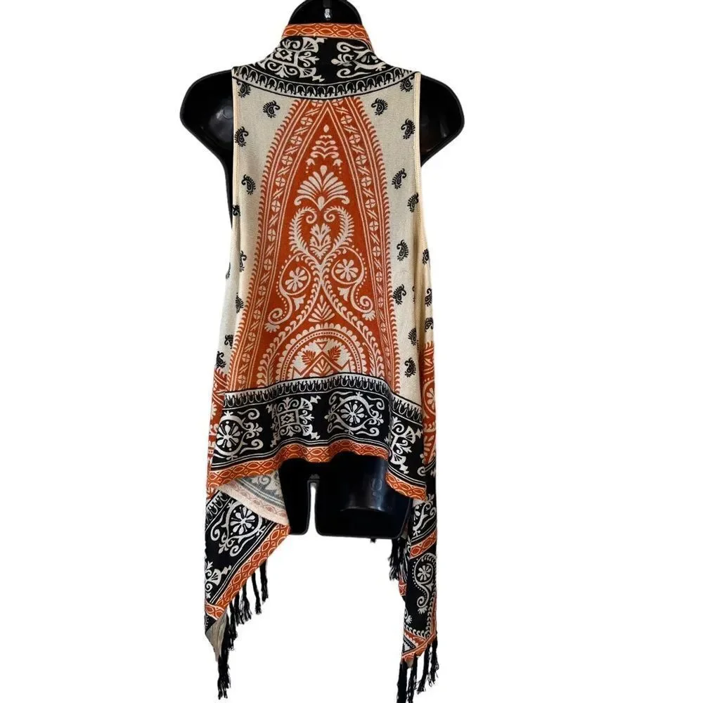 Christina Boho Paisley Scarf Print Open Front Fringed Sleeveless Cardigan Vest